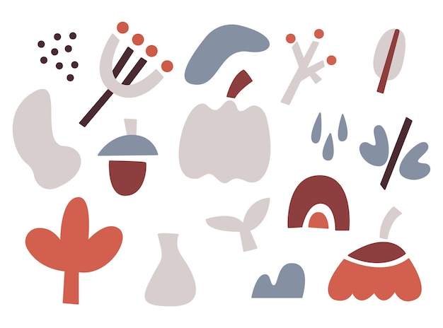 Set of vector abstract shapes in modern colors. Geometric plants. Doodle objects.