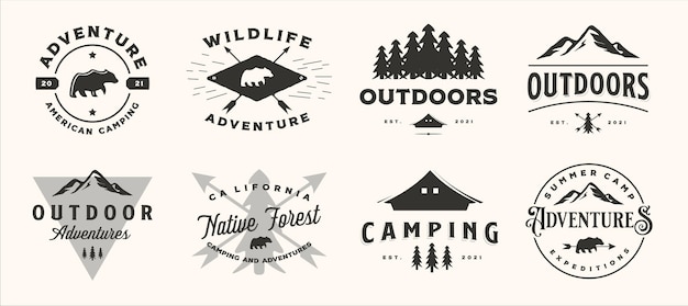 Набор векторных приключений горы открытый винтажный логотип символ иллюстрации дизайн, связка коллекции различных значков дикой природы
