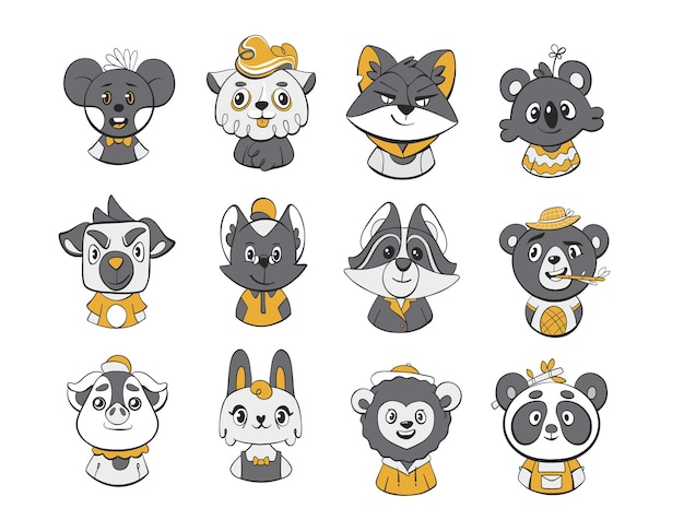 Набор векторных персонажей животных в мультяшном монохромном стиле