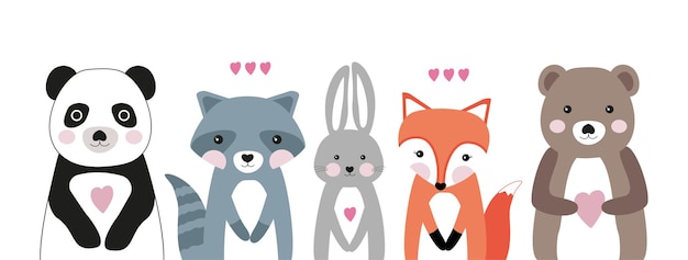 Set vector animals isolated Panda raccoon rabbit fox bear and hearts Baby illustration cartoon style