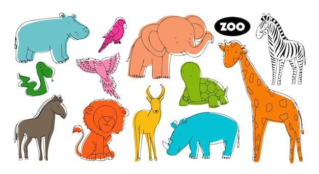 Set of vector animals in the style of doodle from the zoo. Animals of bright colors of a gall, a giraffe, a turtle, a lion and other animals of Africa.