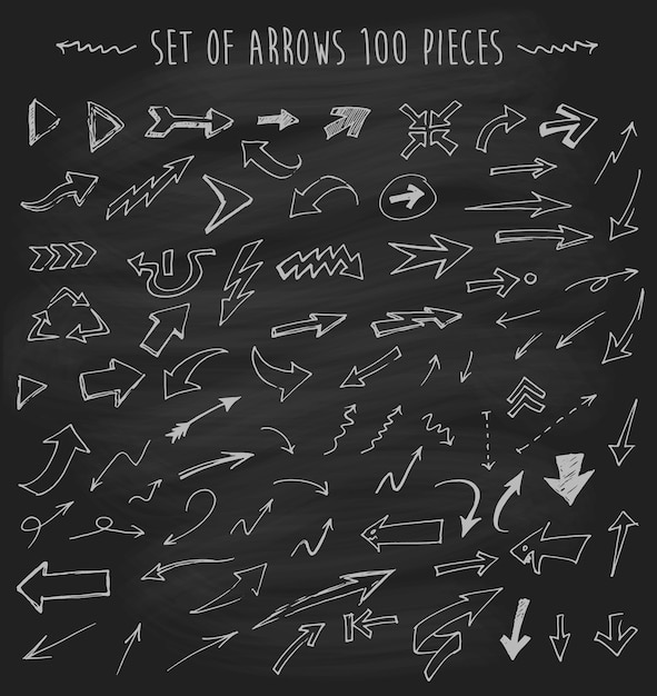 Vector set of vector arrows on chalkboard, one hundred pieces