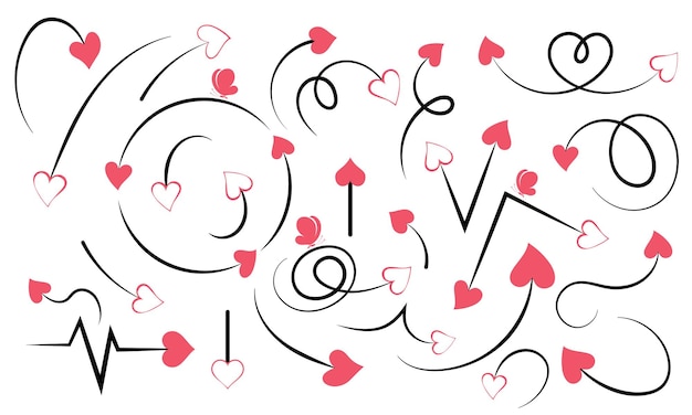 Vector set of vector arrows with hearts in doodle style