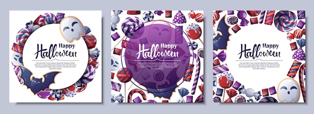 ハロウィーンの招待状やグリーティングカード用のベクトル背景セット - 幽霊とコウモリのクッキーのポスターバナーキャンディークッキーロリポップ - フライヤーの背景に最適です