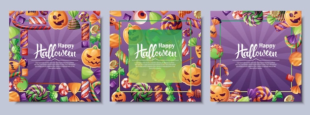 Set di sfondi vettoriali per inviti o biglietti di auguri di halloween banner poster con caramelle inquietanti dolci biscotti lecca-lecca ottimo per sfondo di volantini