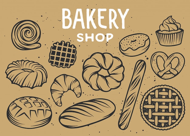 Set of vector bakery engraved elements