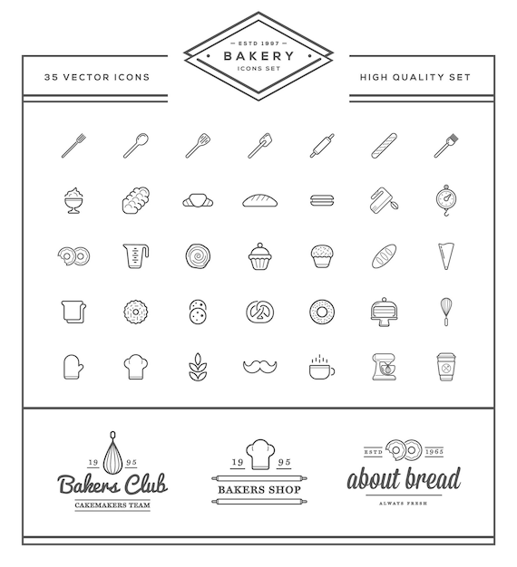 Vector set of vector bakery pastry elements and bread icons illustration can be used as logo or icon in premium quality