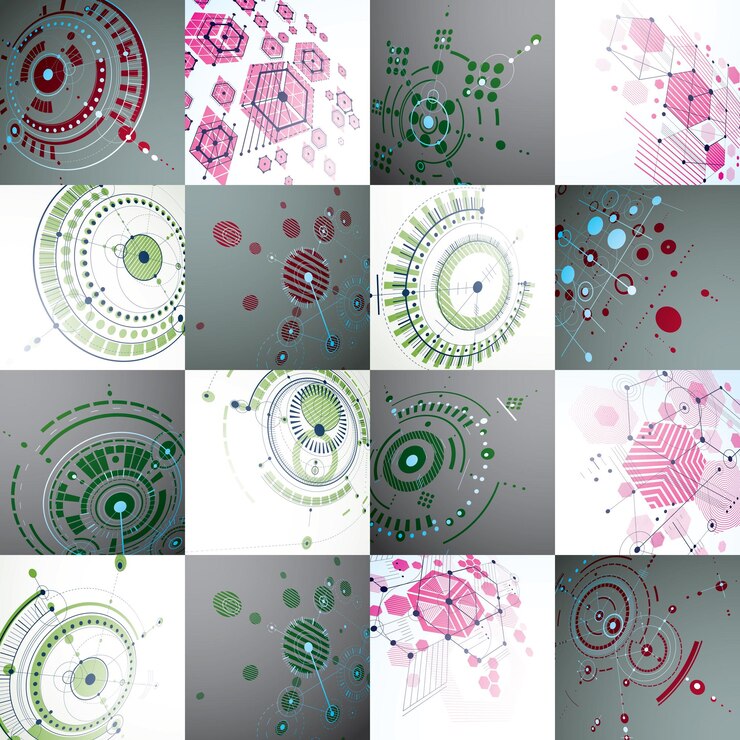 Vector set vector bauhaus backgrounds made with grid and overlapping geometric elements, circles and honeycombs. retro artworks, technology style dimensional graphic templates for advertising poster.
