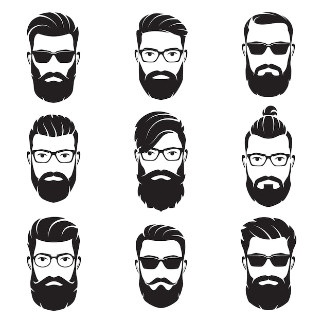 Vector set of vector bearded men faces hipsters
