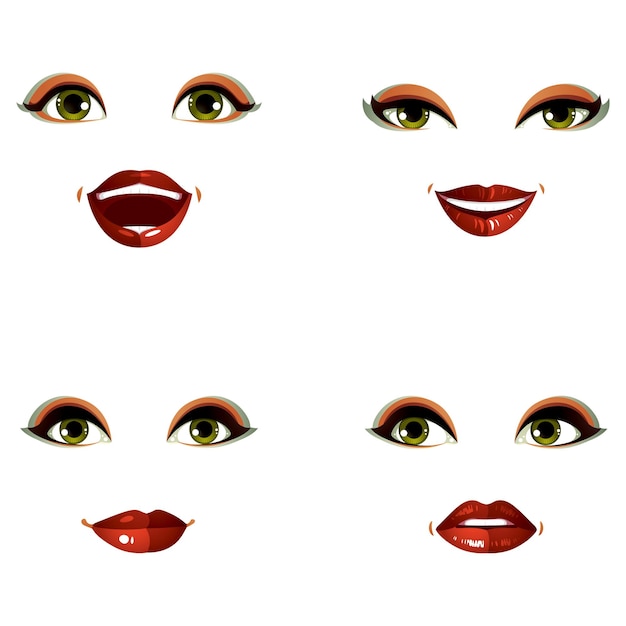 Set of vector beautiful female visage with stylish makeup, eyes and lips. women face features expressing different emotions.