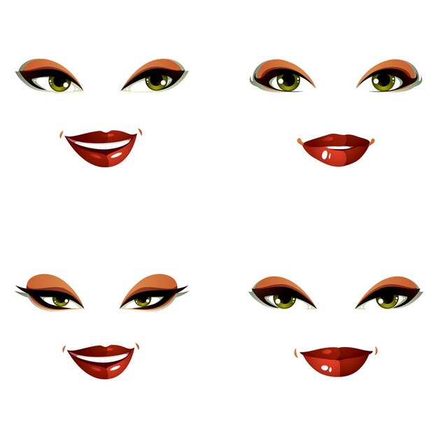 Set of vector beautiful female visage with stylish makeup, eyes and lips. Women face features expressing different emotions.