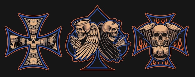 Set of vector biker patches with a motorcycle engine, skulls