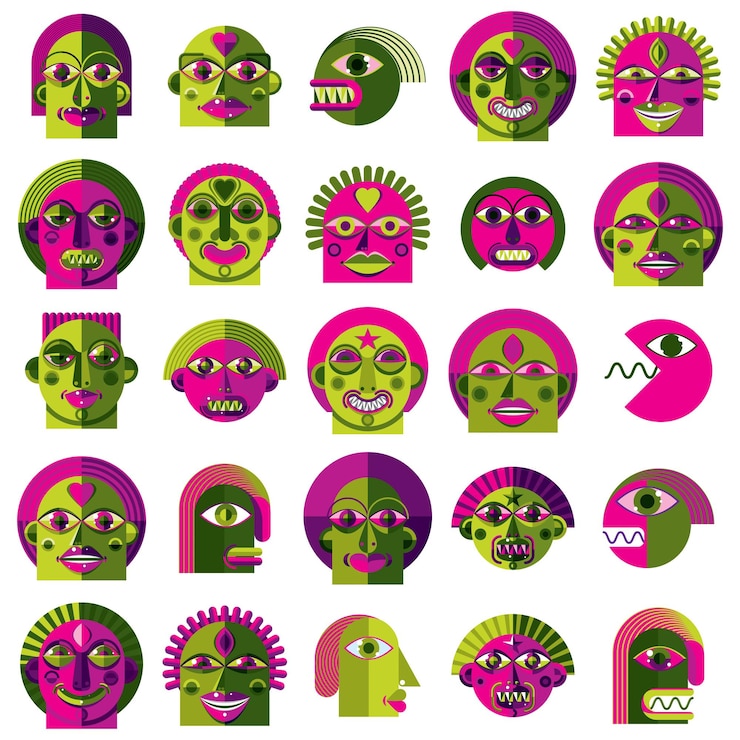 Vector set of vector bizarre creatures, modern art colorful drawings of imaginative beings. fantastic odd characters can be used as user avatar icon or in graphic design.