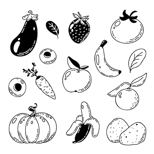 Set of a vector black and white fruits vegetable and leaves images