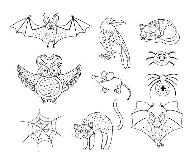 Set of vector black and white scary creatures. halloween characters icons collection. cute autumn all saints eve illustration with bat, raven, cat, owl. samhain party coloring page.