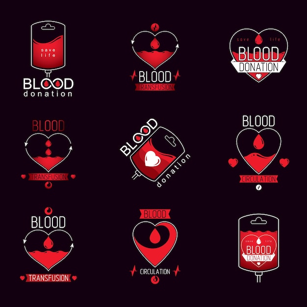 Set of vector blood donation conceptual illustrations. Hematology theme, medical treatment designs for use in pharmacy.