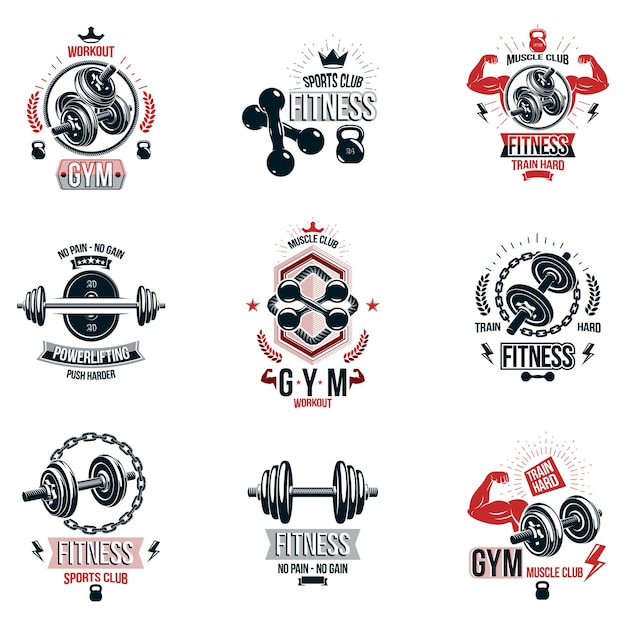 Set vector bodybuilding thema emblemen en reclameposters samengesteld met halters, halters, waterkoker bells sportuitrusting en atleet perfecte vormen.