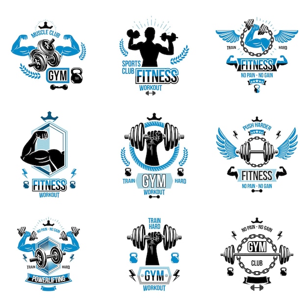 Vector set of vector bodybuilding theme emblems and advertising posters composed using dumbbells, barbells, kettle bells sport equipment and athlete perfect shapes.