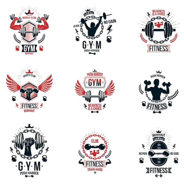 Set of vector bodybuilding theme emblems and advertising posters composed using dumbbells, barbells, kettle bells sport equipment and athlete perfect shapes.