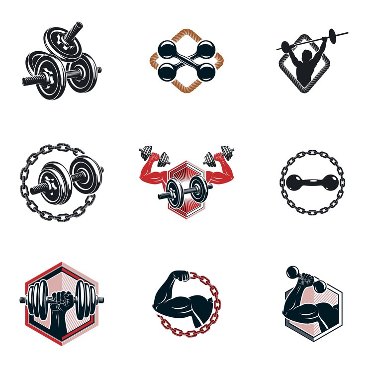 Vector set of vector bodybuilding theme illustrations made using dumbbells, barbells and disc weights sport equipment. bodybuilder perfect body.