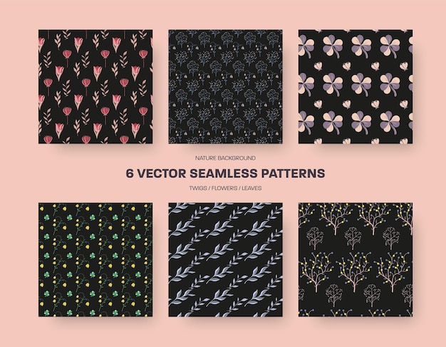 Set of vector botanical seamless patterns on black background