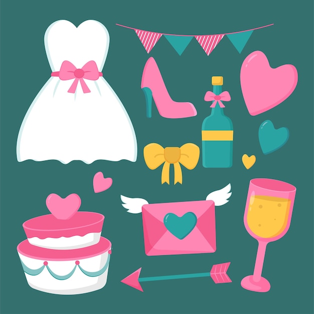 Set vector of bride accessories in wedding items cartoon style