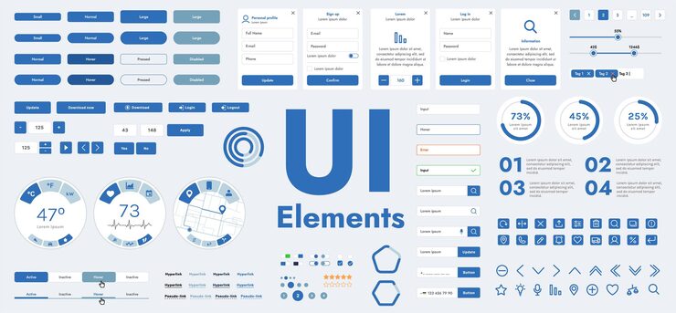 Vector 터 버튼과 사용자 인터페이스 gui 요소의 집합은 현대 응용 프로그램 및 웹 사이트를 위해 설계되었습니다.집합에는 내비게이션 메뉴, 양식 및 제어 패널의 버튼이 포함되어 있습니다.