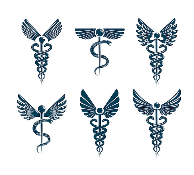 Set of vector Caduceus symbols created using bird wings and snakes. Medical treatment and rehabilitation theme illustrations.