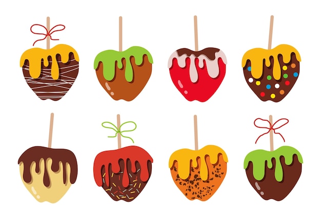 Set of vector candied apples in caramel Isolated apples sweets in chocolate caramel and toffee