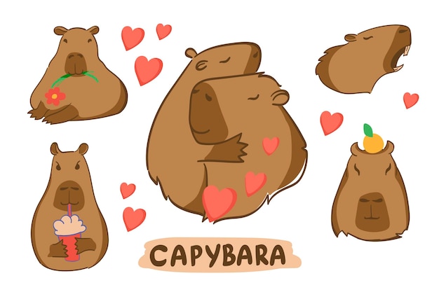 set of vector capybara stickers emotions character