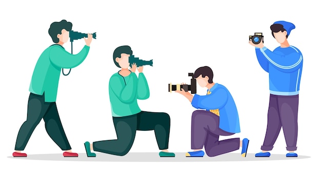 흰색으로 격리된 벡터 만화 캐릭터 세트 반사 카메라로 사진 촬영을 하는 사진 작가 또는 파파라치