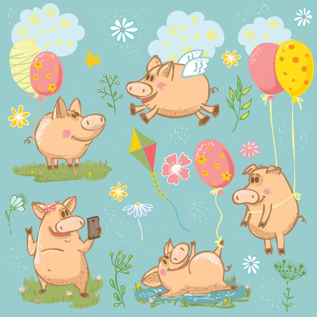 Набор векторных иллюстраций шаржа милых свиней в разных позах для вас дизайн мультипликационного персонажа