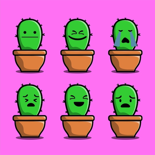 Set vector cartoon illustrations of green cactus with emotions