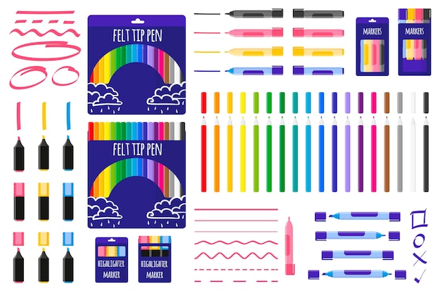 Set di illustrazioni vettoriali dei cartoni animati con pennarelli colorati e pennarelli su sfondo bianco.