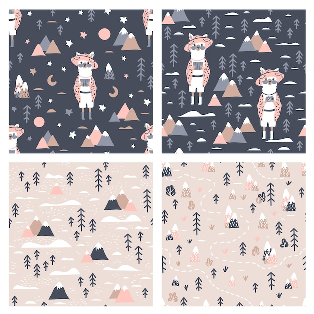 A set of vector cartoon seamless patterns with a llama with glasses and a hat