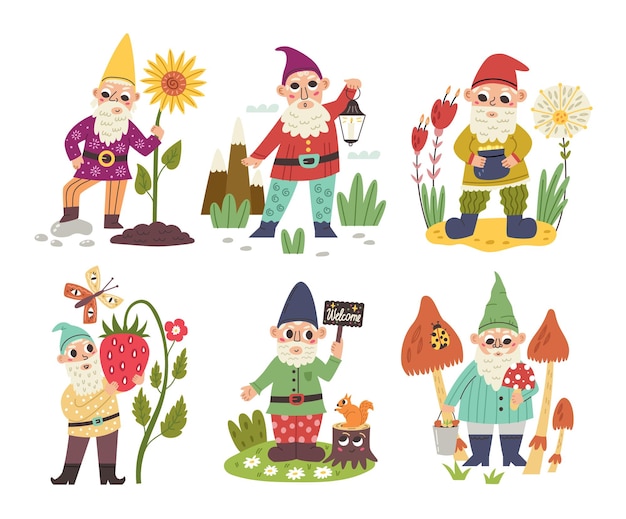 Set vector characters forest gnomes Character dwarf elf doodle hand drawn flat cartoon background nursery vector digital paper textile fabric wallpaper