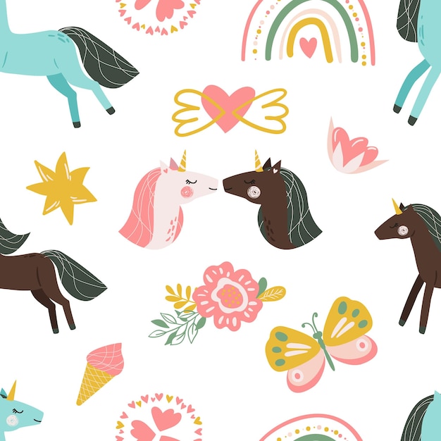 Set of vector childish seamless patterns with cute unicorns