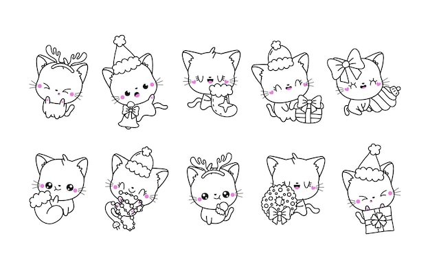 Set of vector christmas cat coloring page collection of kawaii isolated new year pet outline