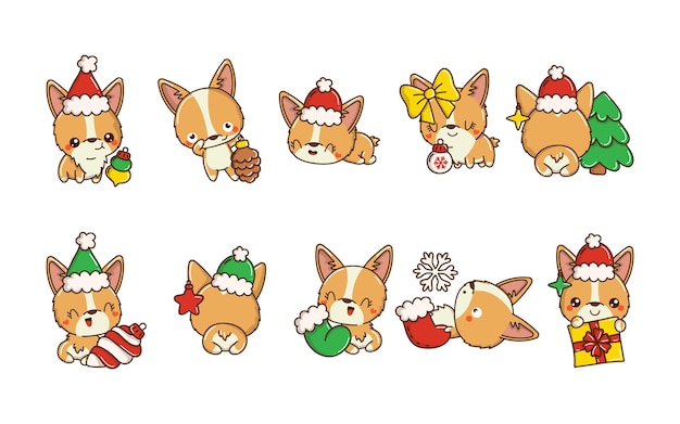 Set of vector christmas corgi dog collection of kawaii isolated christmas dog art for stickers