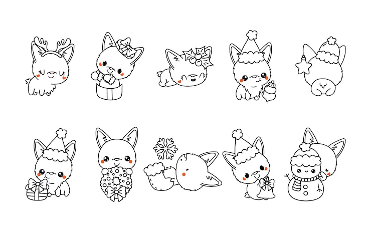Vector かわいい孤立した新年の犬の概要のベクトル クリスマス コーギー犬ぬりえページ コレクションのセット