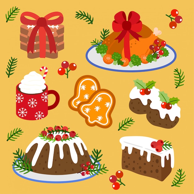 Set of vector christmas food and christmas cake.