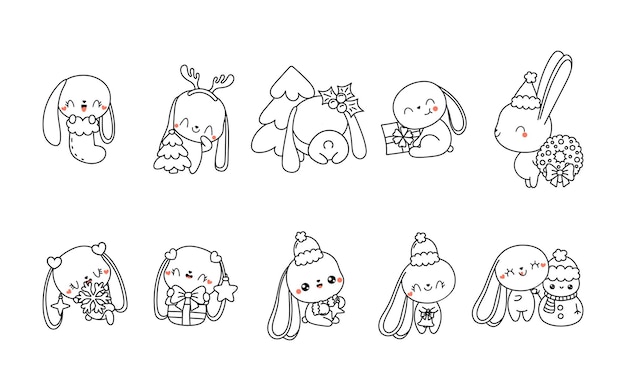 Set of vector christmas hare coloring page collection of kawaii isolated new year rabbit outline