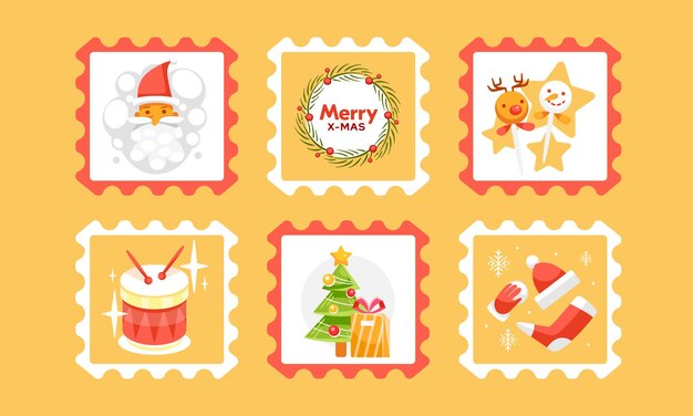 Set of vector christmas stamps in cute cartoon style