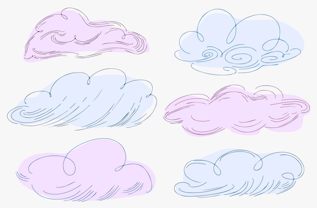 Set of vector clouds drawn in doodle style