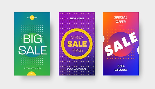 Set of vector color gradient templates for mobile applications and social media. banner design with a circle and a discount of 50 and 75% on a big sale, special offers.