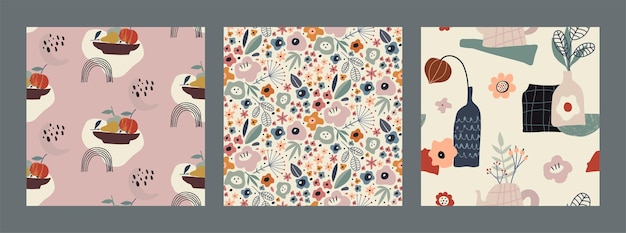 Vector set of vector colorful abstract natural seamless patterns with flowers