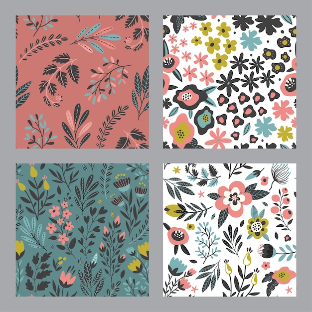 Set of vector colorful natural seamless patterns with flowers leaves and plants