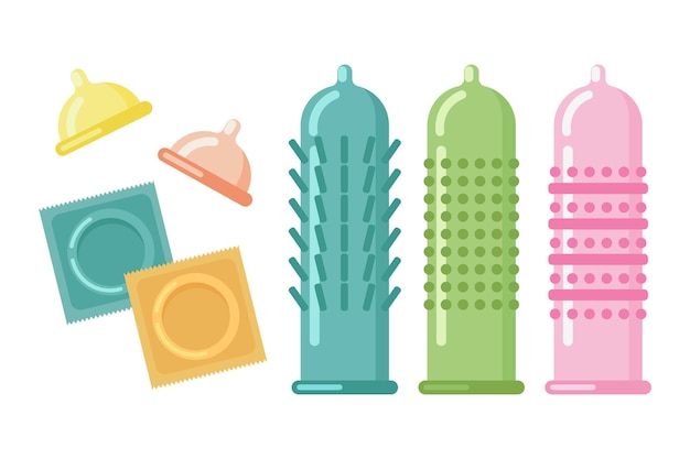 Set of vector condom icon. the concept of contraception. various shapes and types of condoms. vector