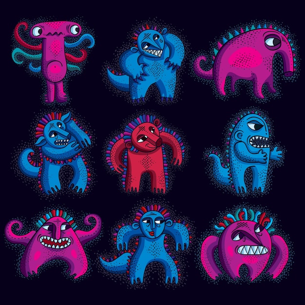 벡터 멋진 만화 괴물, 다채로운 이상한 생물의 집합입니다. 그래픽 디자인 및 마스코트로 사용하기 위한 클립 아트 신화 캐릭터.