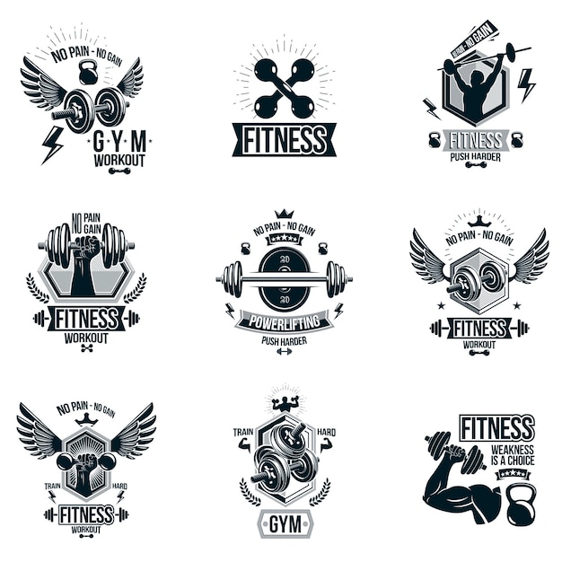 Set of vector cross fit and fitness theme emblems and motivational posters created with dumbbells, barbells, kettle bells sport equipment and muscular athlete body silhouettes.